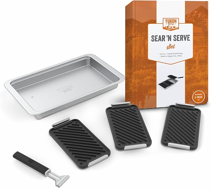 Yukon Glory Cast Iron Sear & Serve Set | 3 Grooved Cast Iron Pans, Stainless Serving Station & Clip-On Handle | Pre-Seasoned | Grill to Table | Gas, Charcoal & Campfire