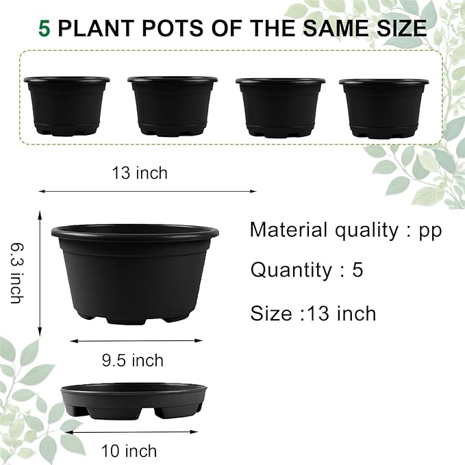 KPUVX Outdoor Flower Pots 5 Packs 13 inch pots for Plants Modern Decorative Garden Pot with Saucer, Lightweight Large Plastic Planters for Indoor Plants,Decorative Plastic Plant pots