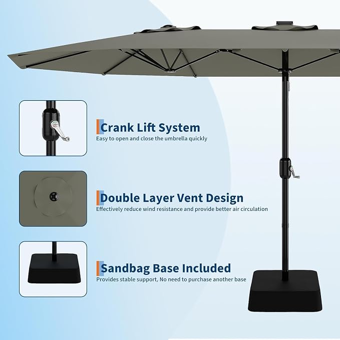 Garvee 15FT Rectangular Outdoor Umbrella Patio Umbrella with Base Included Large Market Umbrellas with Crank Handle UV Protection Table Umbrellas for Outdoor, Backyard, Deck, Poolside, Grey