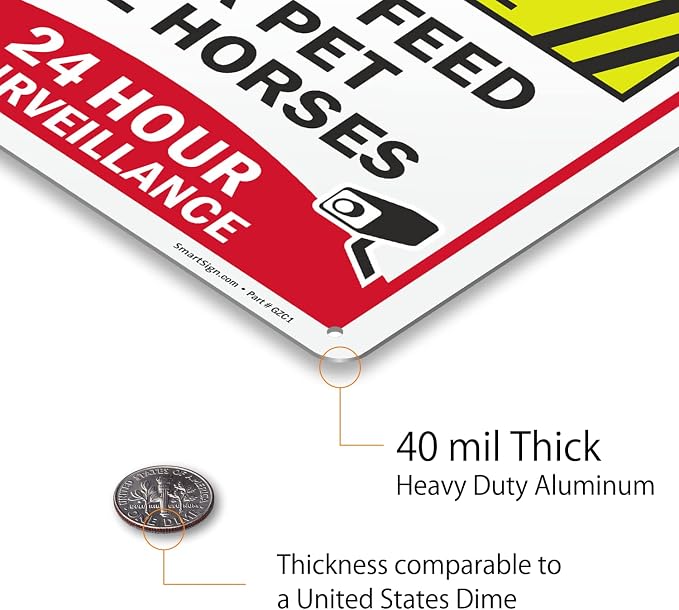 SmartSign 14 x 10 inch “Private Property - Horses May Bite, Do Not Feed Or Pet The Horses, 24 Hour Surveillance” Metal Sign, 40 mil Laminated Rustproof Aluminum, Multicolor, Made in USA