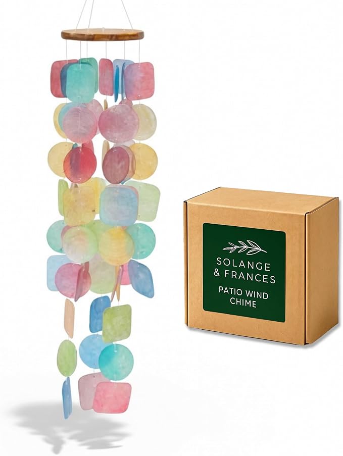 Solange & Frances Colorful Beachy Home Decor Wind Chimes for Outside. Capiz Shell Wind Chimes, Relaxing Beach Gift for Women, Gifts for Mom and Birthday Gifts for Women