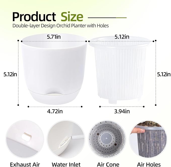 5.7Inch White Orchid Pots with Holes for Repotting, Double-Layer Plastic Self Watering Flower Pots for Indoor Plants with Drainage Holes, Clear Orchid Pot Match Decorative Orchid Container, 3 Packs