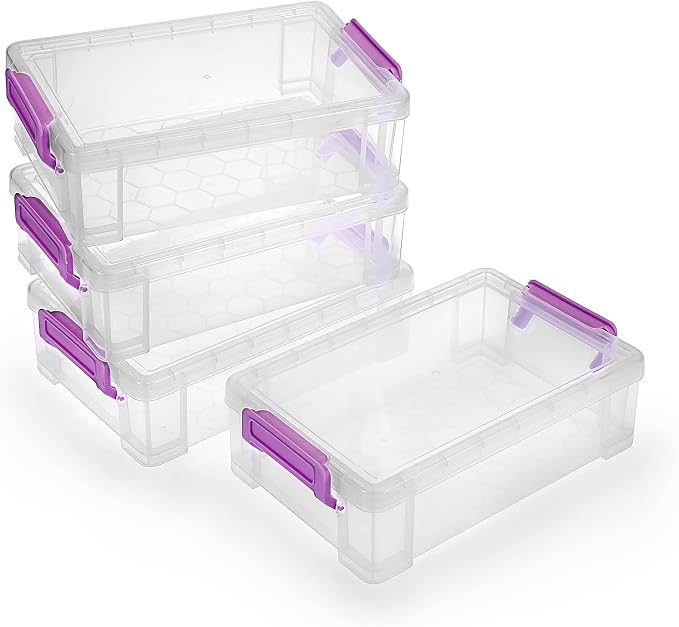 BTSKY 4 Pack Extra Large Plastic Pencil Box Stackable Translucent Clear Pencil Caase Crayon Box Set, Marker Organizer Art Supply Storage Organizer for Gel Pens Pencils Erasers Tape Markers etc(Purple)
