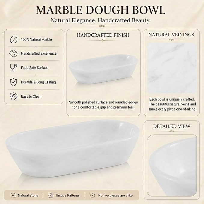 Radicaln Marble Dough Bowl 10" Inches White Handmade Oval Bowl For Kitchen Table Décor, Ideal Candy Bowl, Decorative Bowl and Marble Bowl For Keys Entryway Table