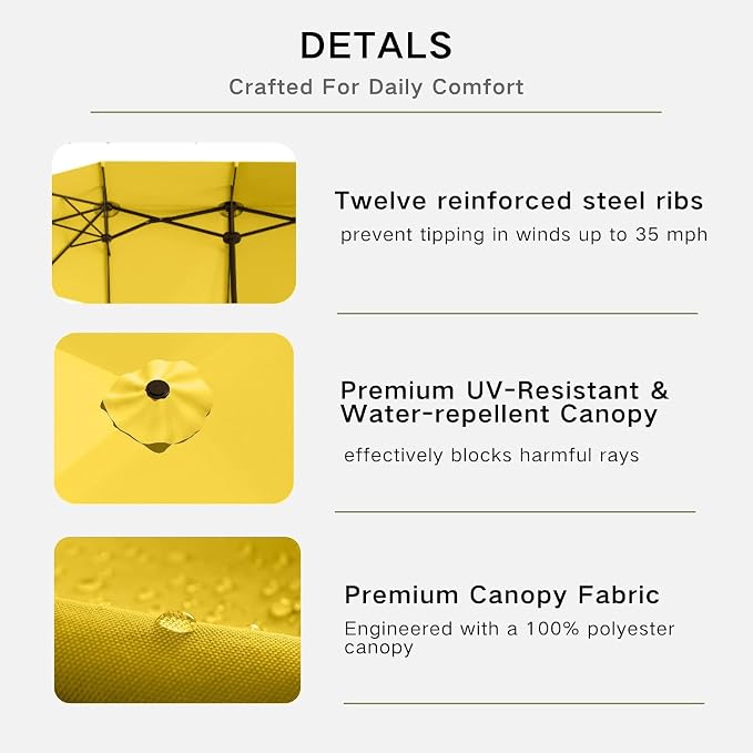 Kingdura 13ft Large Patio Umbrella with Base Included, Double-Sided Rectangle Outdoor Table Umbrella with 12 Reinforced Ribs, Crank Lift for Market Pool Deck Backyard, Yellow