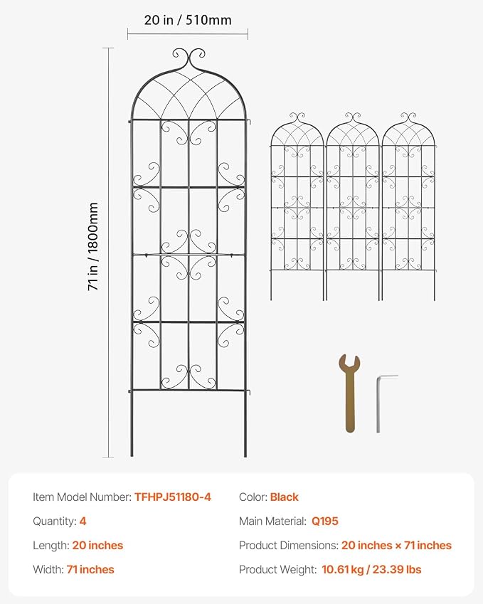 VEVOR 71 x 20 in, 4 Packs Rustproof Metal Garden Flower Trellis, Outdoor Climbing Rose & Cucumber Support, Decorative Clematis Trellis for Courtyards & Lawns