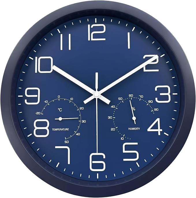 12 Inch Analog Wall Clock with Temperature and Humidity, Battery Operated Non-Ticking Silent Tempered Glass Large Numbers Clocks for Living Room Bedroom Office Kitchen Farmhouse Outdoor, Blue