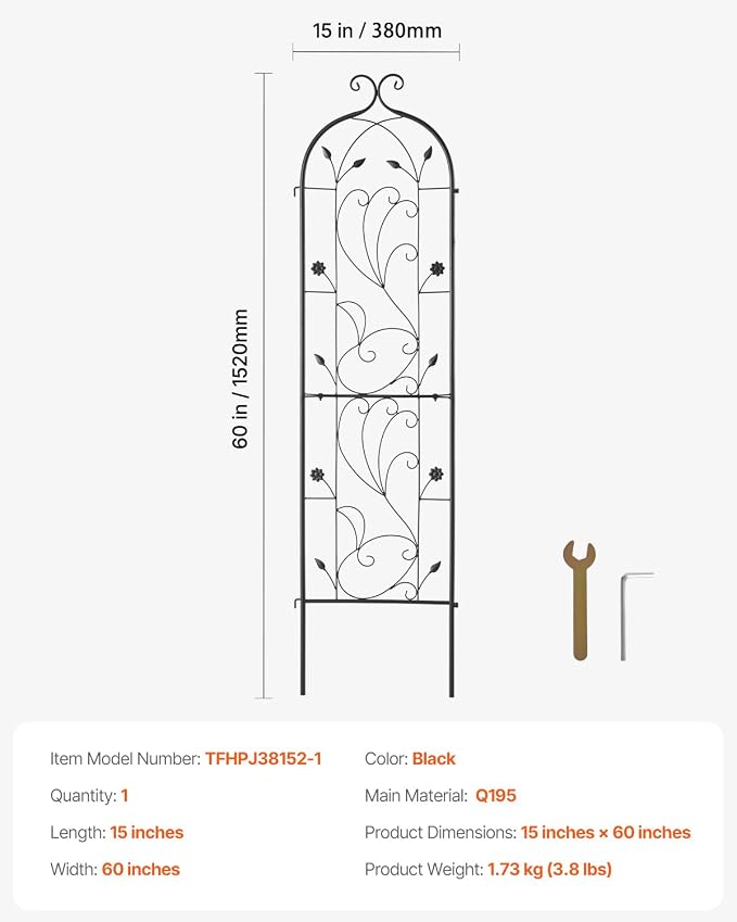 VEVOR 60 x 15 in, Rustproof Metal Garden Flower Trellis, Outdoor Climbing Rose & Cucumber Support, Decorative Tall Clematis Trellis for Courtyards & Lawns