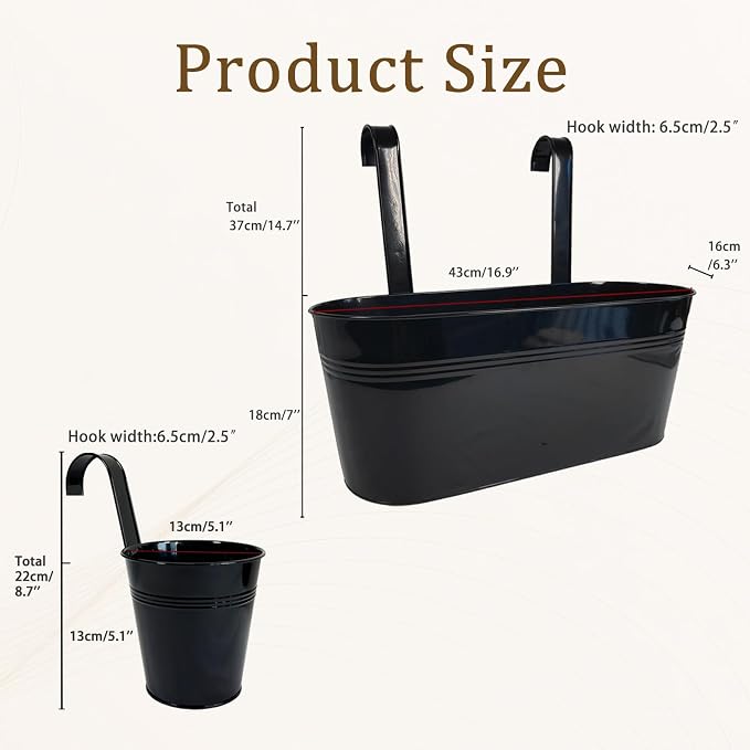Set of 4 Outdoor Metal Railing Planters Box - 2 Pcs 5.12" Round Balcony Hanging Planter & 2 Pcs 17" Oval Fence Pot with Detachable Hooks Drainage, Black