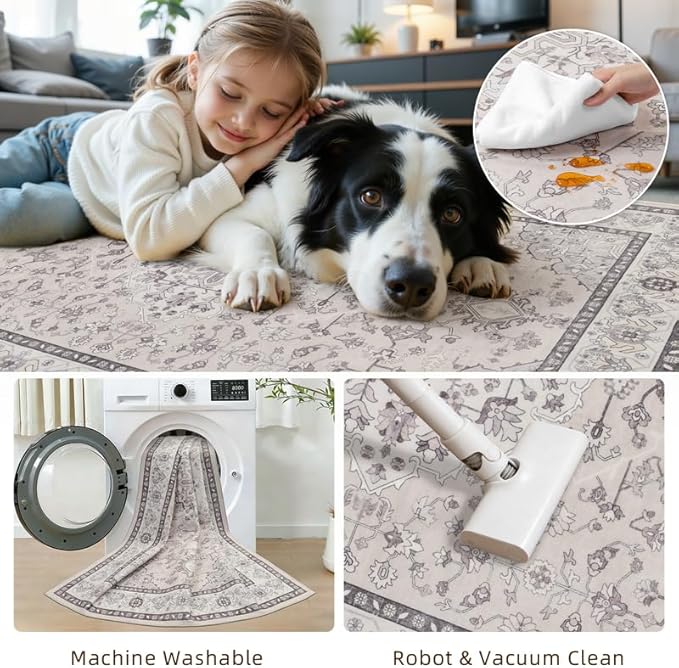 8x10 Area Rugs Living Room: Bedroom Washable Carpet Beige & Grey | Large Vintage Boho Indoor Decor Neutral Soft Nursery Farmhouse Dining Room Office Floor Non-Slip Low Pile Under Table Rug