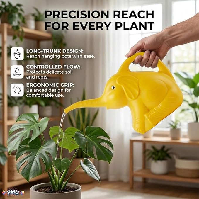 PMU 12Pcs 2-Quart Elephant Watering Can – Durable Plastic Garden Watering Can for Indoor & Outdoor Plants, Easy-Pour Spout, Large Water Pot, Yellow