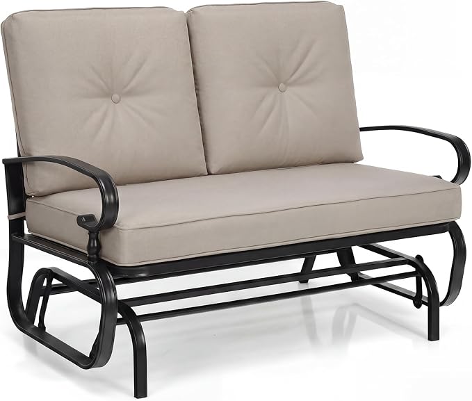 Giantex Outdoor Glider Bench, Patio 2 Person Loveseat with Removable Cushion, Thick Padded Seat, Stable Steel Frame, Outside Glider Swing Chair for Deck, Poolside, Yard, Balcony, Porch, Beige
