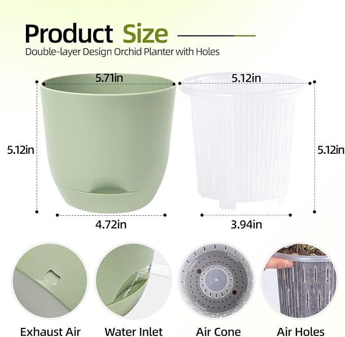 QCQHDU 5.7Inch Orchid Pots with Holes for Repotting, Double-Layer Plastic Self Watering Flower Pots for Indoor Plants with Drainage Holes, Clear Orchid Pot Match Decorative Orchid Container, 1 Pack