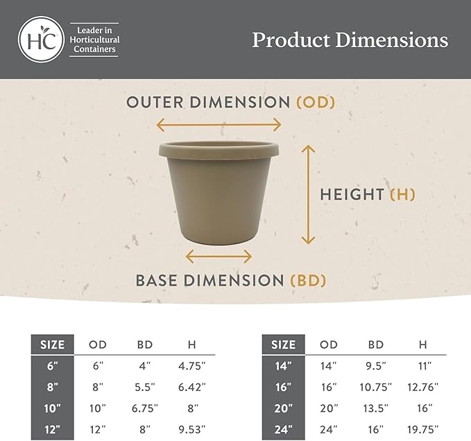 The HC Companies 12 Inch Prima Round Planter Pots with Drainage Holes and Rolled Rim, Lightweight UV-Resistant Plastic Indoor & Outdoor Planters, 2-Pack Flower Pots for Garden & Home Decor, Warm Gray