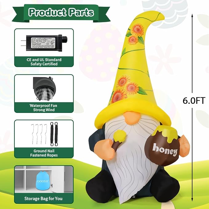 GOOSH 6 FT Summer Inflatables Gnome Outdoor Blow Up Yard Decoration with LED Lights, Weather-Resistant&Fast Inflation for Summer Garden Spring Lawn Party Indoor Decor