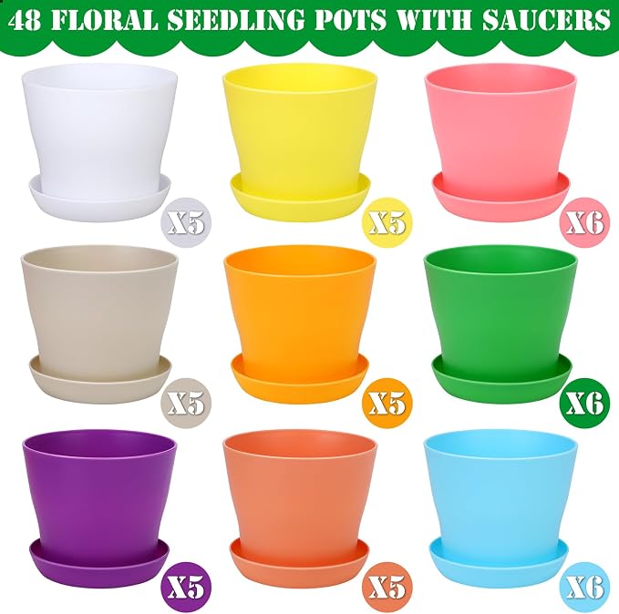 Hahood 48 Pack Plastic Planters 4 Inch Flower Plant Pots Indoor Set Thickened Seedling Nursery Pots Seed Starting Pots with Drainage Holes Saucers, Mini Garden Tools for Home Office Garden, Multicolor