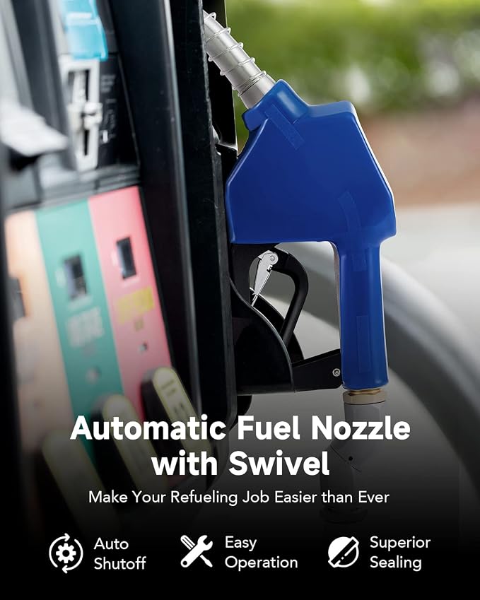 ORION MOTOR TECH Automatic Fuel Nozzle Kit, 3/4" NPT Auto Shut Off Fuel Nozzle with 360° Hose Swivel, Gas Fuel Transfer Refilling Nozzle with 13/16" Spout 16 gpm Flow Rate for Gasoline Diesel Kerosene