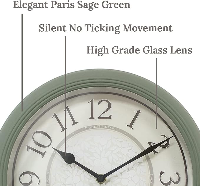 Presentime & Co. 12.6" Illuminated Farmhouse Wall Clock, Silent Battery Operated Night Light Wall Clock with Smart LED Sensor for Living Room, Bathroom, Kitchen, Home Office, Sage Green