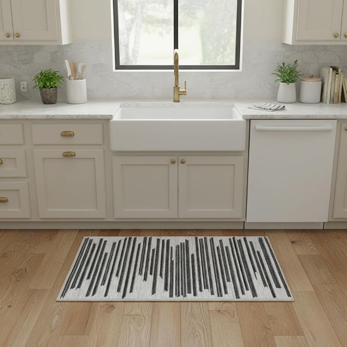 GarveeHome 2x3 Washable Rug for Hallway Bedroom Non Slip Low Pile Carpet | Modern Striped Small Entryway Rugs Geometric Stain Resistant Soft Kitchen Rug, Black Grey