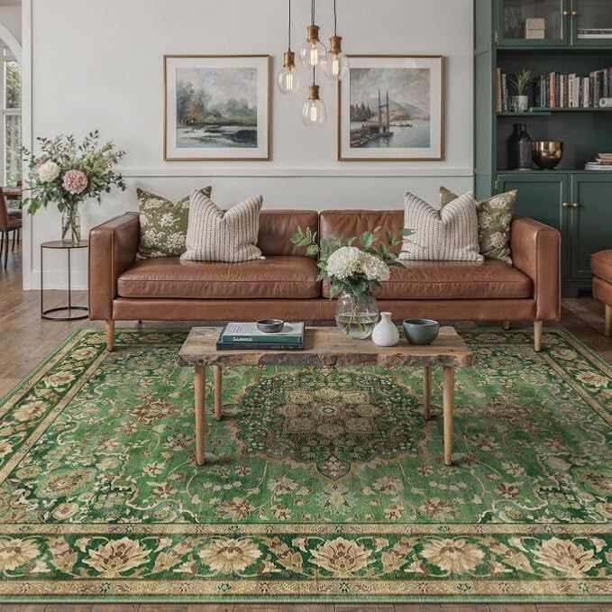 Green Area Rug 5x7 Living Room Vintage Floral Non-Slip Carpet | Machine Washable, Soft, Low Pile, Distressed, Large for Bedroom, Dining Room, Office, Retro Farmhouse Decor