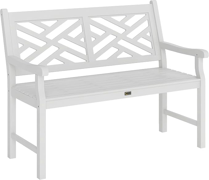 Outsunny Outdoor Garden Bench, Wooden Frame Patio Bench with Geometric Pattern, 43.25 Inch Weatherproof 2-Person Love Seat for Garden, Lawn, Porch, Yard, Work Entryway, White