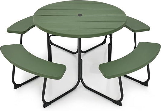 Round Picnic Table for Outdoors, 8 Person Outdoor Picnic Tables & Benches Set with Umbrella Hole, HDPE Tabletop & Metal Frame, 2000 LBS Capacity Table Bench Set for BBQ, Garden, Lawn, Patio