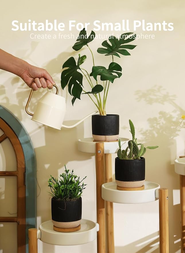 4" Black Ceramic Plant Pots with Drainage Holes & Trays Set of 4 | Vertical Stripes Succulent Pot with Saucer, Small Flower Planter Sets for Indoor Plants, Cactus & Herbs