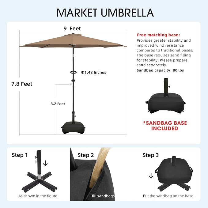 wikiwiki 9FT Patio Umbrella with Base, Outdoor Umbrellas with Base Included, 8 Sturdy Ribs, Waterproof Fade Resistant POLYESTER DTY Canopy for Deck, Lawn, Garden, Backyard & Pool, Tan