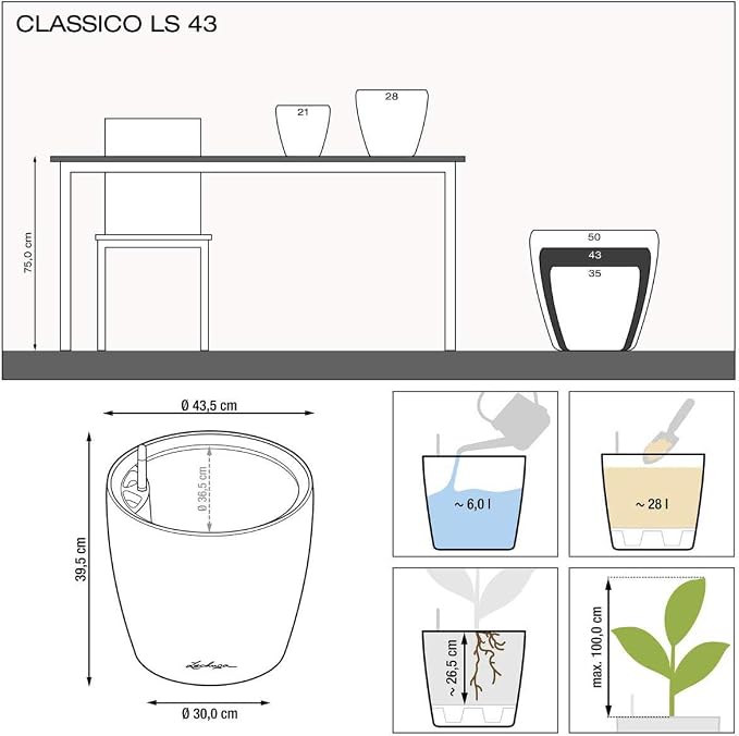 Lechuza Classico LS 43 White High Gloss, Self-Watering Round Planter, D16.9 H15.7 in
