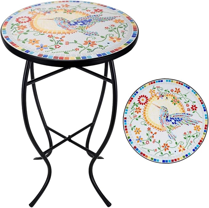 Mosaic Outdoor Side Table Small Round Patio Table Plant Stand | 21" Accent End Table with 14" Ceramic Tile Top for Small Spaces Porch Pool Garden Decor Indoor Living Room Bedroom Balcony