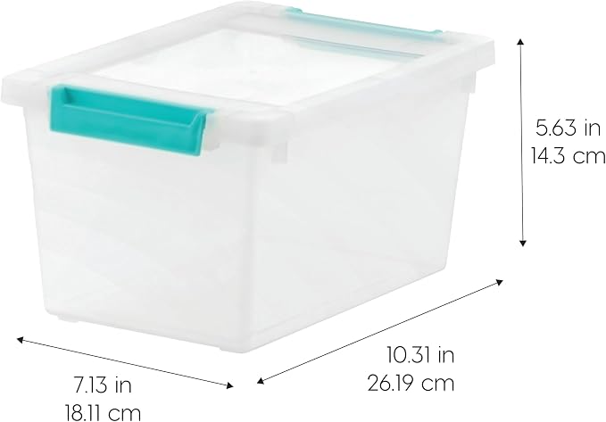 IRIS USA 4 Qt. Craft Storage Bins with Lids, 6-Pack, |Made in USA|, Clip Box, Small Plastic Sensory Bin Tote Organizer Containers for Art Supplies, Paper, & Office, Stackable - Clear/Seafoam Blue