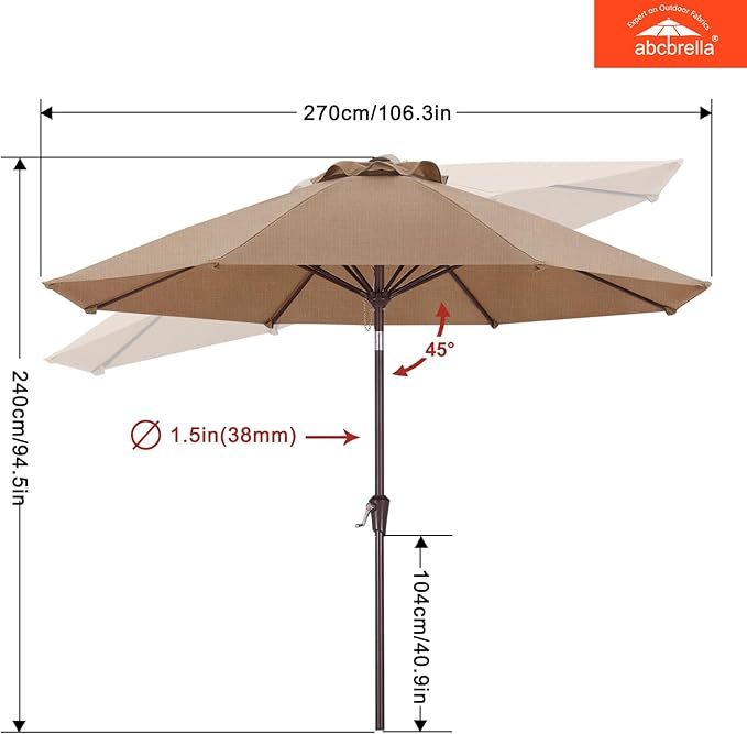 ABCCANOPY OLEFIN® 5-Year No Fading 9FT Patio Umbrella, Outdoor Table Umbrella with 8 Sturdy Ribs for Deck, Backyard, Yard (Gray Yellow Stripe)