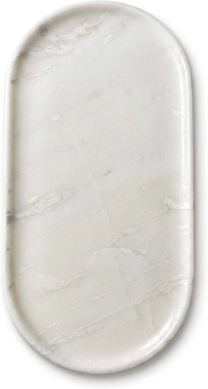 Luxury 100% Natural Oval Marble Tray for Bathroom, Dresser, Home Decor | 11.8" x 5.9" Marble Vanity Organizer for Perfume Jewelry Makeup, Kitchen, Hand-Polished Cream White Decorative Tray
