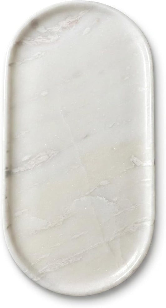 Luxury 100% Natural Oval Marble Tray for Bathroom, Dresser, Home Decor | 11.8" x 5.9" Marble Vanity Organizer for Perfume Jewelry Makeup, Kitchen, Hand-Polished Cream White Decorative Tray