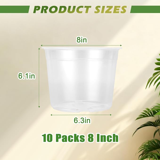 8 Inch Large Size Clear Nursery Pots with Drainage Holes, 10 Packs Plastic Pots for Plants, Transparency Durable Seedling Starter Pot for Succulents Flowers Herb Vegetables