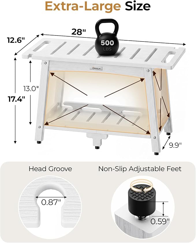 28" Extra Large Shower Bench, HDPE Waterproof Shower Chairs Seat, Adjustable and Non-Slip Feet, Shower Stool for Inside Shower to Sit On, Indoor/Outdoor Use, As Porch Bench, Garden Entryway, White