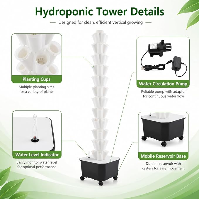 Hydroponic Tower 60 Pods 12 Tiers Hydroponics Growing System Vertical Garden System with 25L Water Tank and Pump for Indoor Outdoor Home, Balcony & Patio