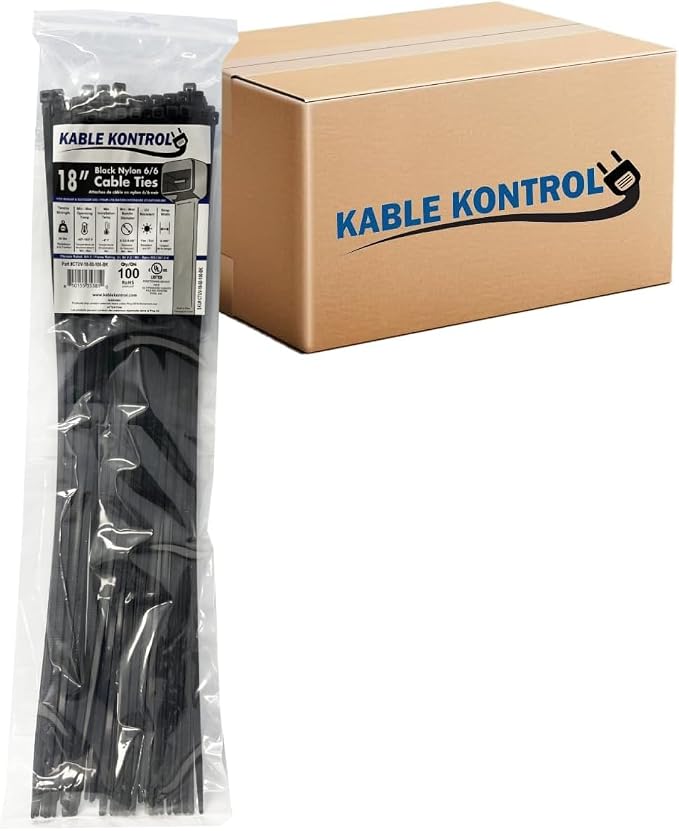 Kable Kontrol Cable Zip Ties Black 5000 Pcs 18 Inch, 50 Lbs Tensile Strength, Self-locking UV Resistant Plastic Nylon Wire Ties, for Indoor or Outdoor Use