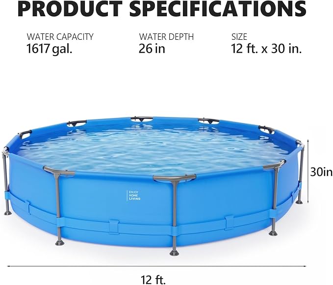 Round Above Ground Swimming Pool Set, Summer Large Swimming Pool with Iron Frame Outdoor Backyard Pools for Adults and Family (12ft x 30in)