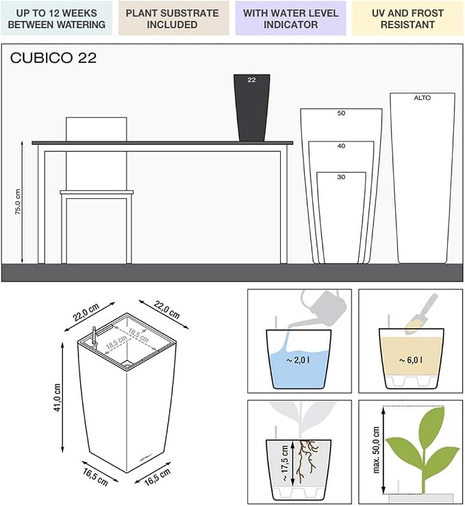 Lechuza CUBICO 22 Cream White High Gloss, Self-Watering Tall Planter, H16.1 L8.7 W8.7 in
