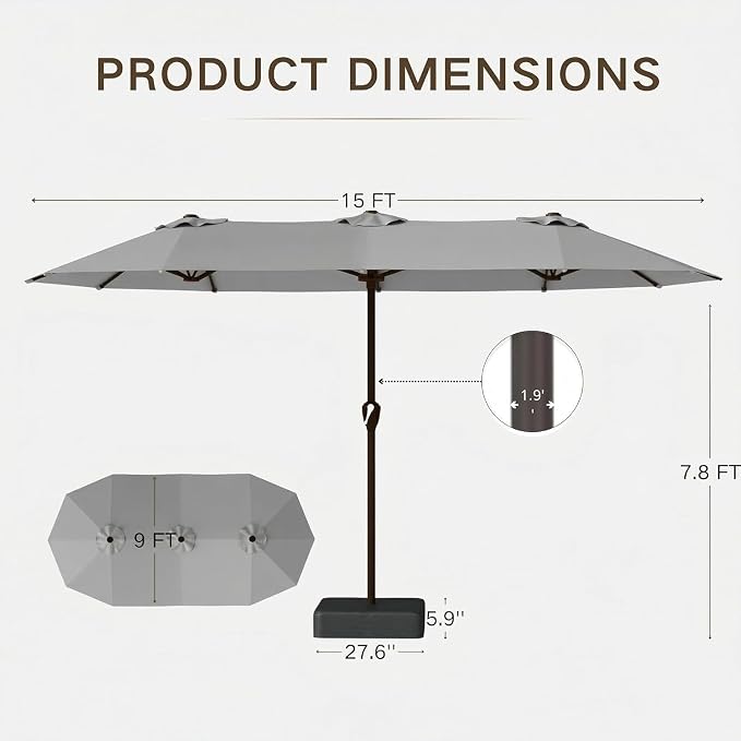 Kingdura 15ft Large Patio Umbrella with Base Included, Double-Sided Rectangle Outdoor Table Umbrella with 12 Reinforced Ribs, Crank Lift for Market Pool Deck Backyard, Light grey