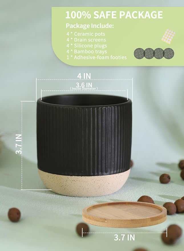 4" Black Ceramic Plant Pots with Drainage Holes & Trays Set of 4 | Vertical Stripes Succulent Pot with Saucer, Small Flower Planter Sets for Indoor Plants, Cactus & Herbs