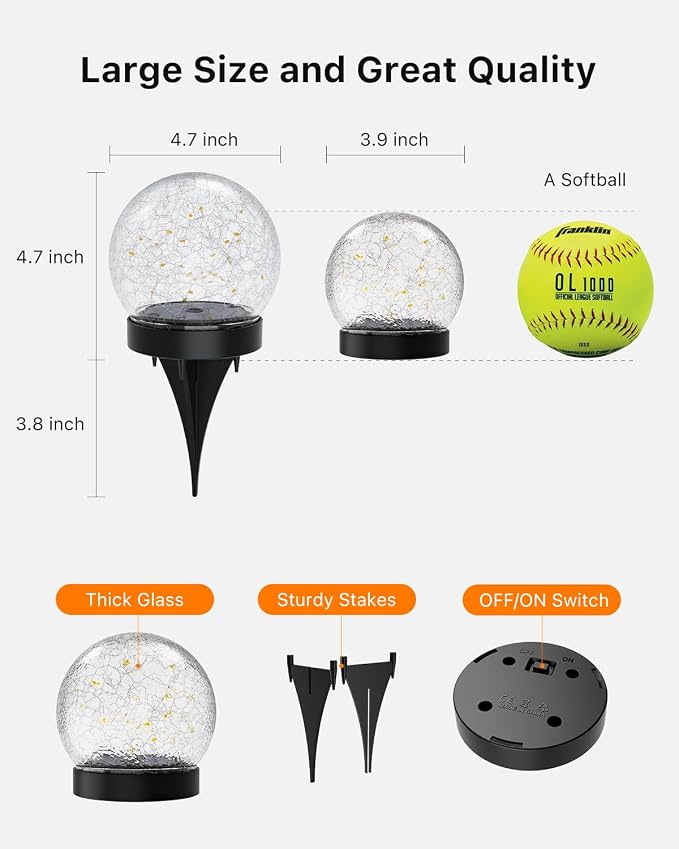 4 Pack 4.72" Multicolor Solar Power Cracked Glass Orb Light Outdoor | Outside Waterproof RGB Ambiance Ball Lamp for Garden, Patio, Table, Walkway, Stair, Lawn, Landscape Decor with Durable Stakes