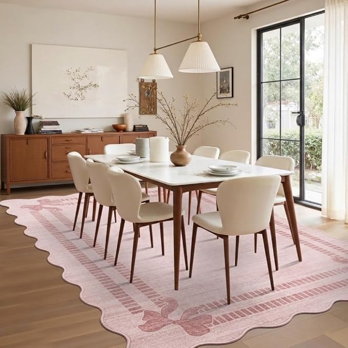 Latte&Fog Washable 6x9 Area Rugs for Living Room Scalloped Pink Rugs Girls | for Dining Kitchen Kids Nursery Playroom Guest Room Classroom Dorm Farmhouse Office, Non Slip Low Pile Soft Bow Carpets