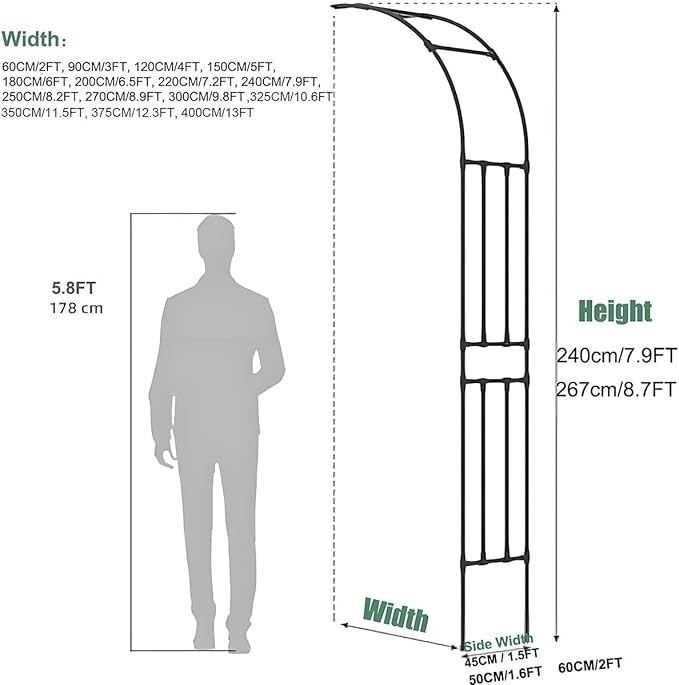 Half Sided Arch Against The Wall Garden Trellis, Metal Arbor Archway for Climbing Plants Outdoor, 7.9FT 8.7FT Black Vine Frame Rose Support for Home Yard and Garden(275x267x60cm)