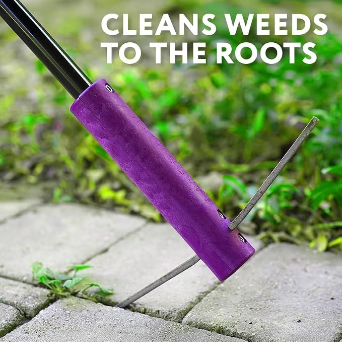 BICRACKIE Stand-Up Crack Weeding Tool with 60" Steel Pole; Steel Blade with 2-Sized, 5" Tapered Ends for Driveways, Patios, Sidewalks, Pavers to Remove Weeds Easily; Made in USA