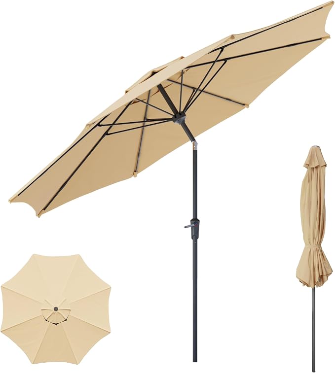 Sannwsg 9/10 FT Patio Umbrella Outdoor with 8 Premium Fiberglass Ribs, Push Button Tilt and Crank, UV Protection Table Market Umbrella for Pool, Porch, Garden, Deck, Backyard, Outside