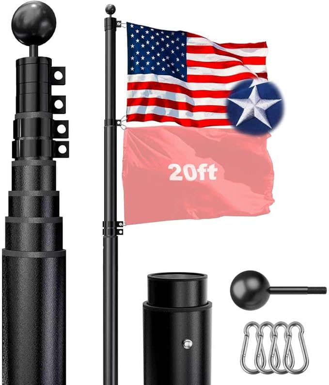 HAYOHRT 20FT Telescopic Flag Pole 12 Gauge Extra Thick Telescoping Flagpole with 3x5 American Flag Can Fly 2 Flags for Outside House In Ground 100MPH Wind Tested Freedom Edition Residential Pole