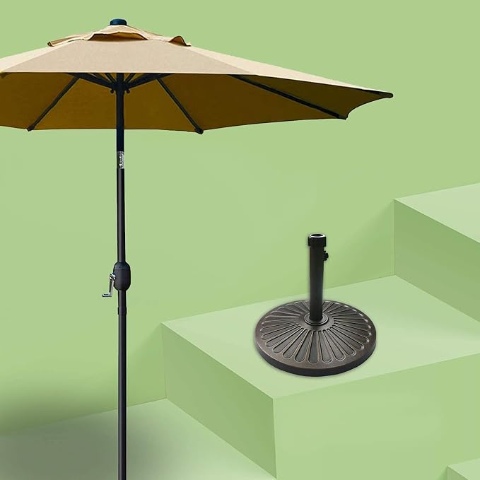 Sunnyglade 9' Patio Umbrella Outdoor Table Umbrella with 8 Sturdy Ribs (Tan) | 18" 30.2-lbs Heavy Duty Round Antiqued Umbrella Base, Bronze