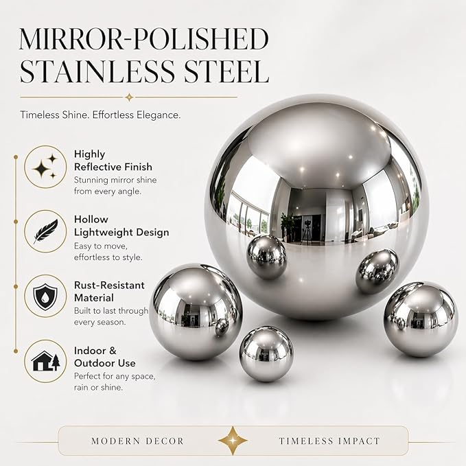 Gazing Ball Garden Mirror Outdoor - Outside Decorative Globe, Silver, 8Pcs | Metal Polished Reflective Sphere, Stainless Steel Hollow Decoration Ornament for Home Pond Swimming Pool Housewarming Gift